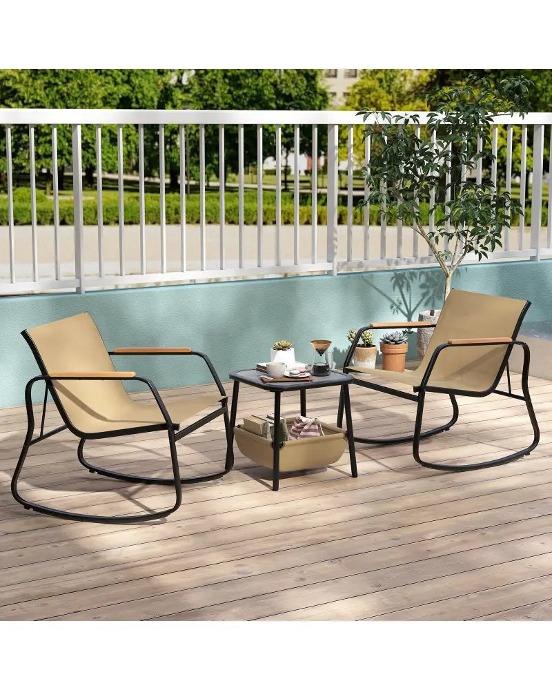 3 Piece Rocking Bistro Chairs and Side Table Set with Storage Bag-Brown - Brown - Patio Furniture Sets