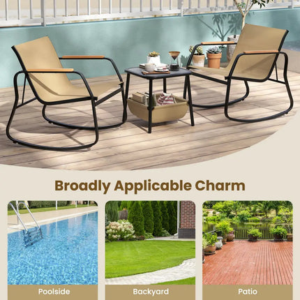 3 Piece Rocking Bistro Chairs and Side Table Set with Storage Bag-Brown - Brown - Patio Furniture Sets
