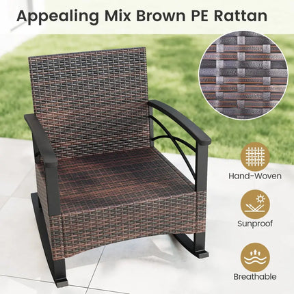 3 Piece Rocking Bistro Set PE Rattan Rocker Chairs with Acacia Wood Top Table-Black - Black - Patio Conversation Sets