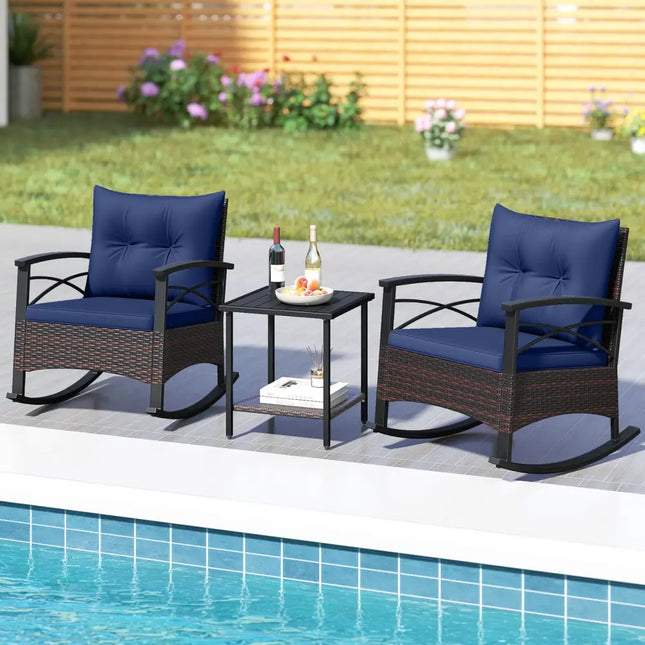 3 Piece Rocking Bistro Set PE Rattan Rocker Chairs with Acacia Wood Top Table-Navy - Navy - Patio Conversation Sets