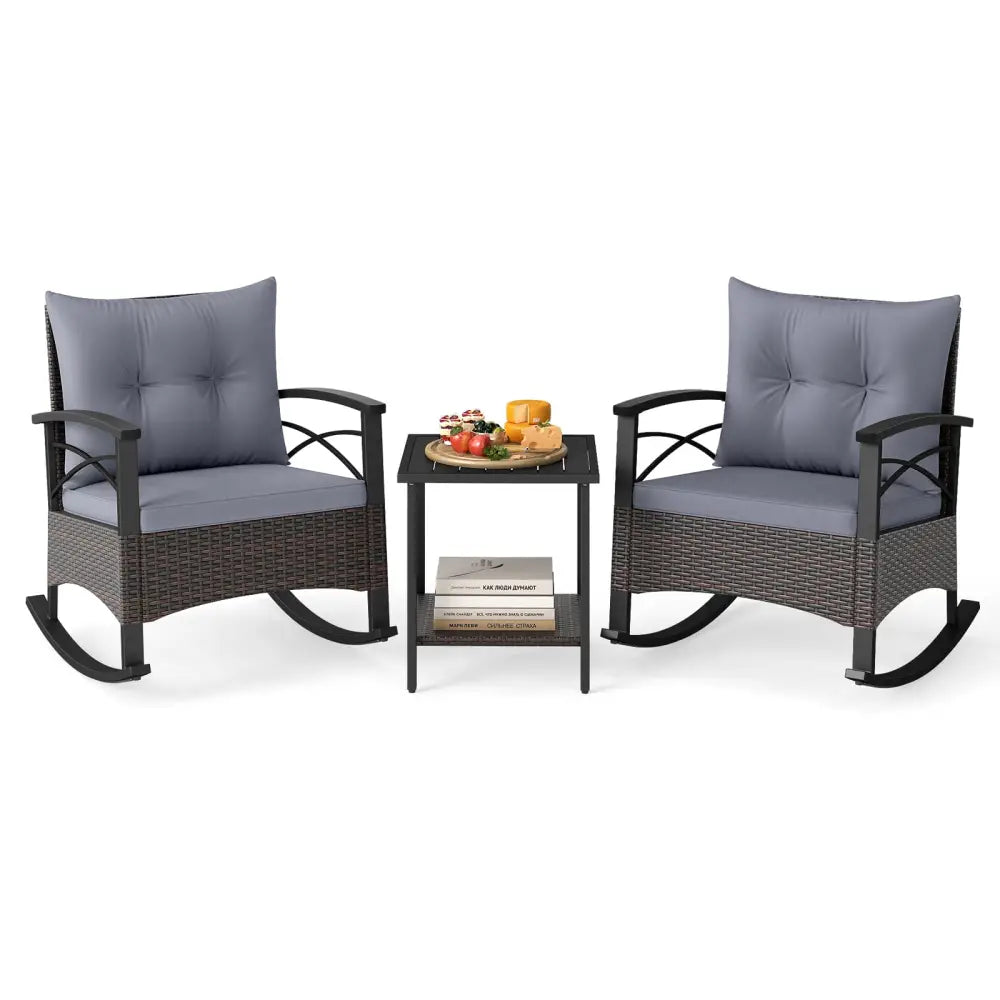 3 Piece Rocking Bistro Set PE Rattan Rocker Chairs with Acacia Wood Top Table-Gray - Gray - Patio Conversation Sets