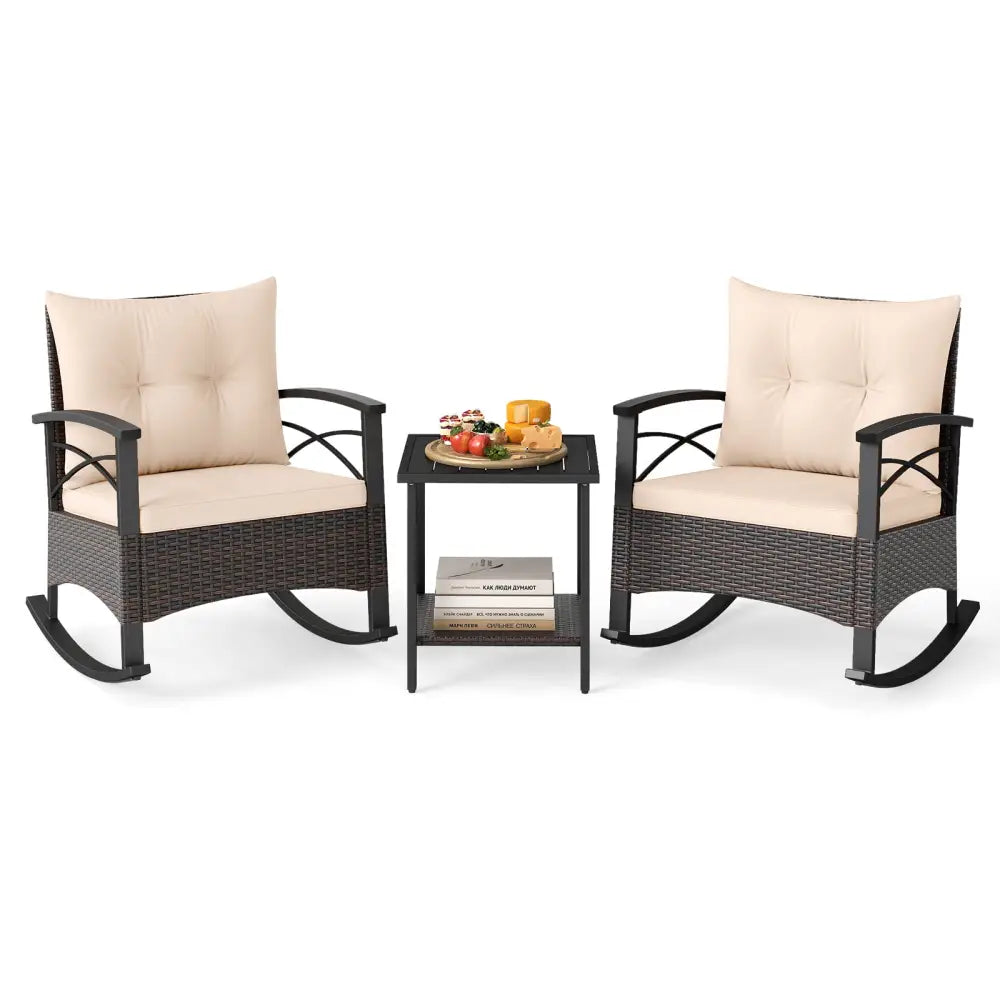 3 Piece Rocking Bistro Set PE Rattan Rocker Chairs with Acacia Wood Top Table-Beige - Beige - Patio Conversation Sets