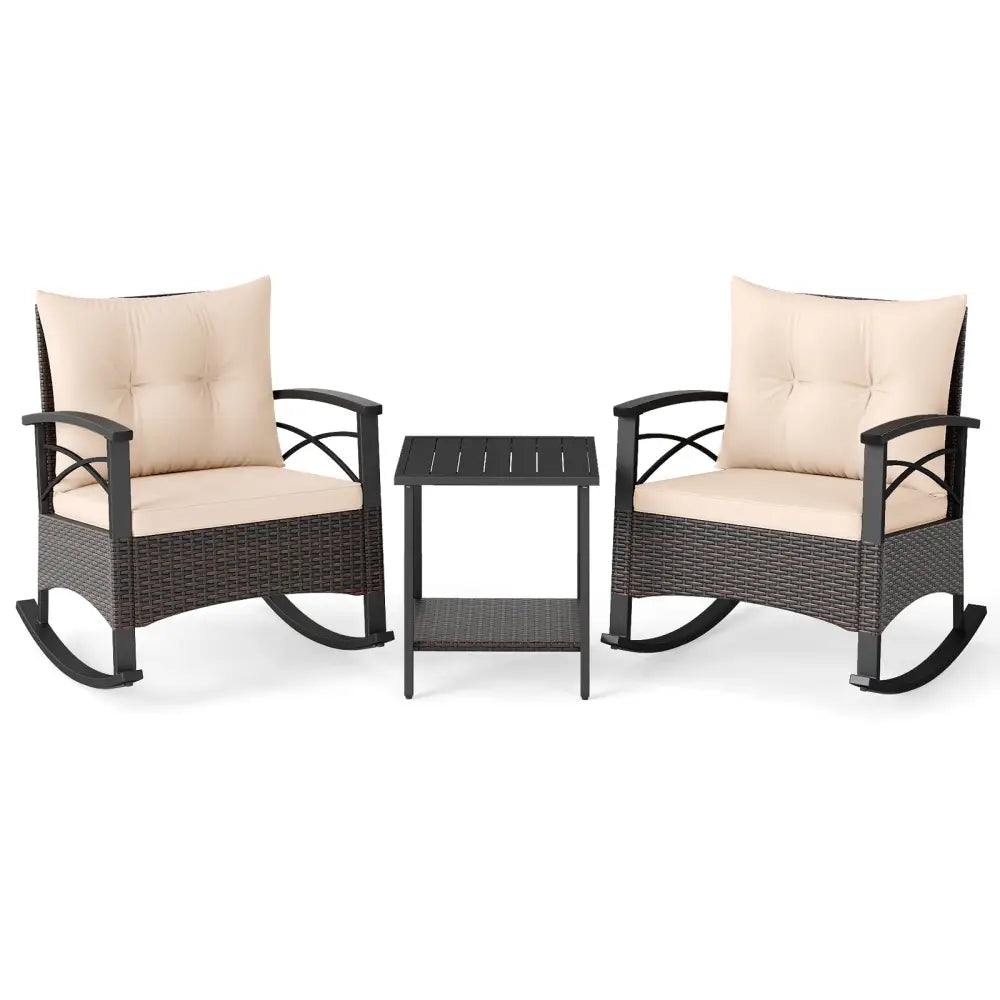 3 Piece Rocking Bistro Set PE Rattan Rocker Chairs with Acacia Wood Top Table-Beige - Beige - Patio Conversation Sets