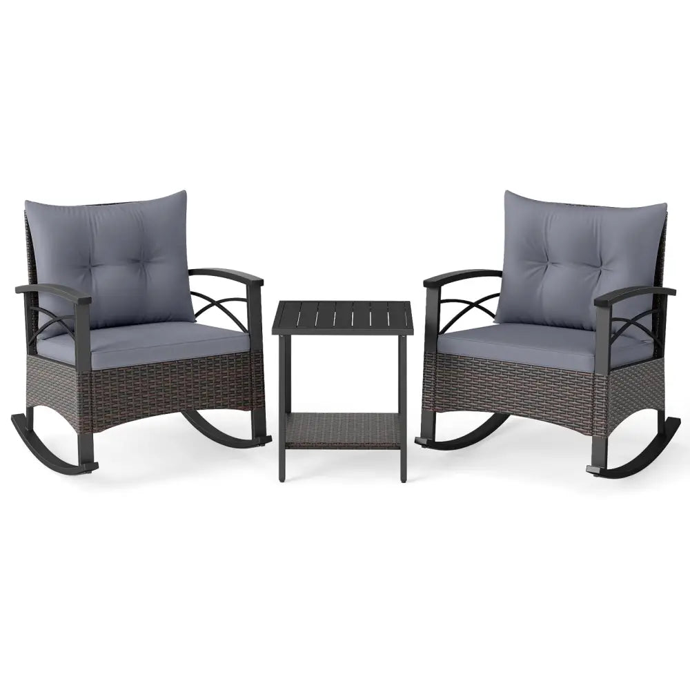3 Piece Rocking Bistro Set PE Rattan Rocker Chairs with Acacia Wood Top Table-Gray - Gray - Patio Conversation Sets