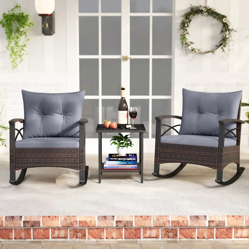 3 Piece Rocking Bistro Set PE Rattan Rocker Chairs with Acacia Wood Top Table-Gray - Gray - Patio Conversation Sets