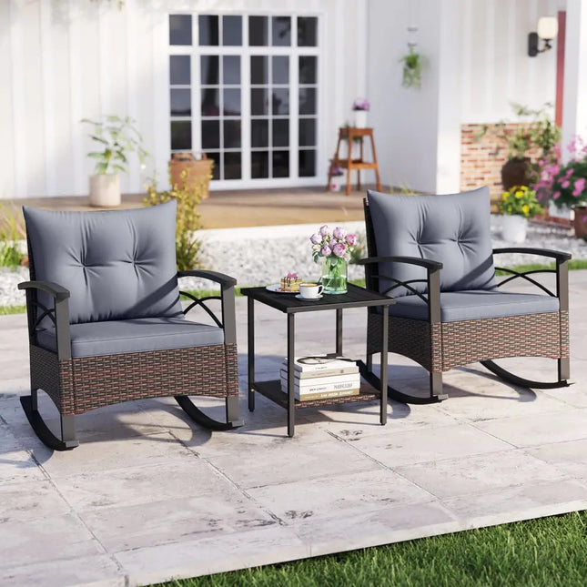 3 Piece Rocking Bistro Set PE Rattan Rocker Chairs with Acacia Wood Top Table-Gray - Gray - Patio Conversation Sets