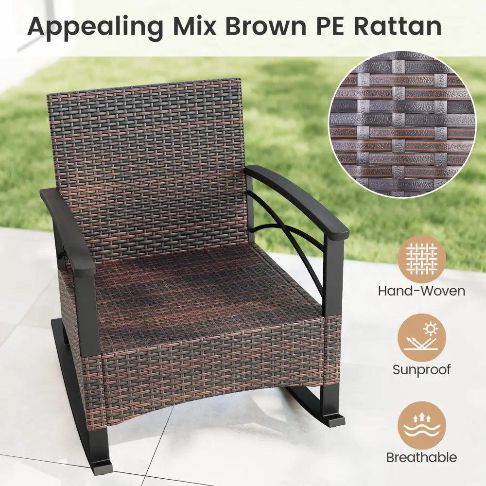 3 Piece Rocking Bistro Set PE Rattan Rocker Chairs with Acacia Wood Top Table-Beige - Beige - Patio Conversation Sets
