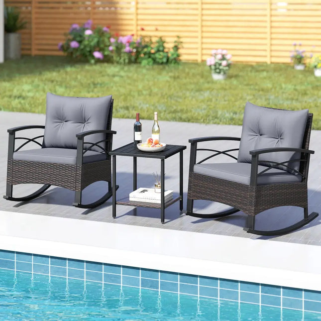 3 Piece Rocking Bistro Set PE Rattan Rocker Chairs with Acacia Wood Top Table-Gray - Gray - Patio Conversation Sets