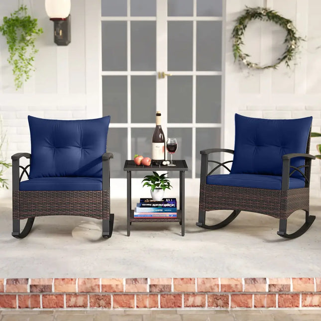 3 Piece Rocking Bistro Set PE Rattan Rocker Chairs with Acacia Wood Top Table-Navy - Navy - Patio Conversation Sets