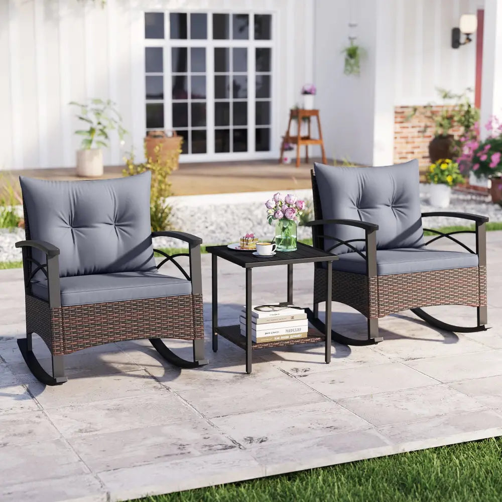 3 Piece Rocking Bistro Set PE Rattan Rocker Chairs with Acacia Wood Top Table-Gray - Gray - Patio Conversation Sets