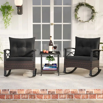 3 Piece Rocking Bistro Set PE Rattan Rocker Chairs with Acacia Wood Top Table-Black - Black - Patio Conversation Sets