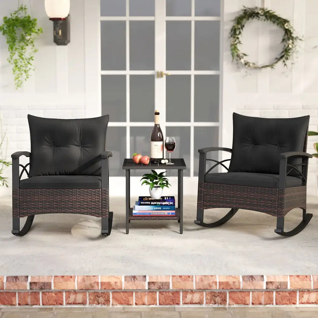3 Piece Rocking Bistro Set PE Rattan Rocker Chairs with Acacia Wood Top Table-Black - Black - Patio Conversation Sets