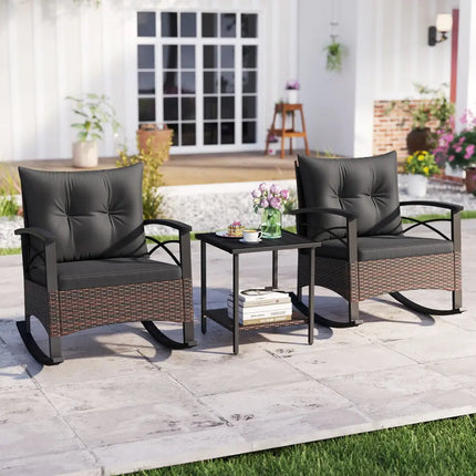 3 Piece Rocking Bistro Set PE Rattan Rocker Chairs with Acacia Wood Top Table-Black - Black - Patio Conversation Sets