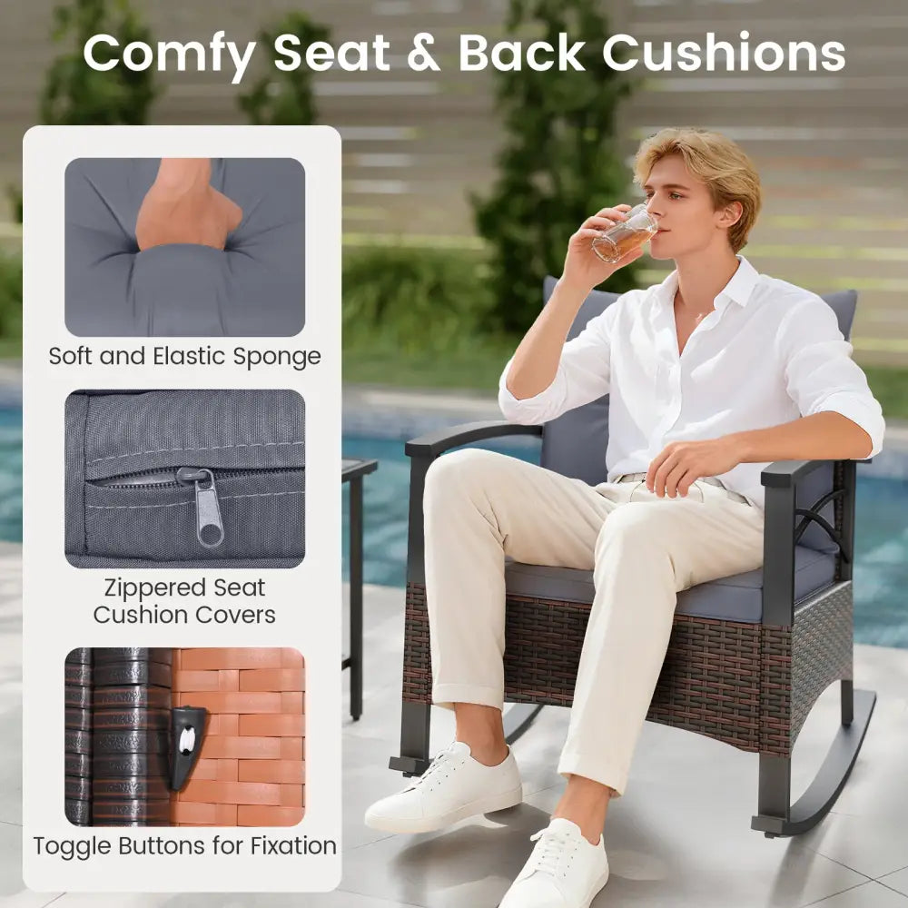 3 Piece Rocking Bistro Set PE Rattan Rocker Chairs with Acacia Wood Top Table-Gray - Gray - Patio Conversation Sets