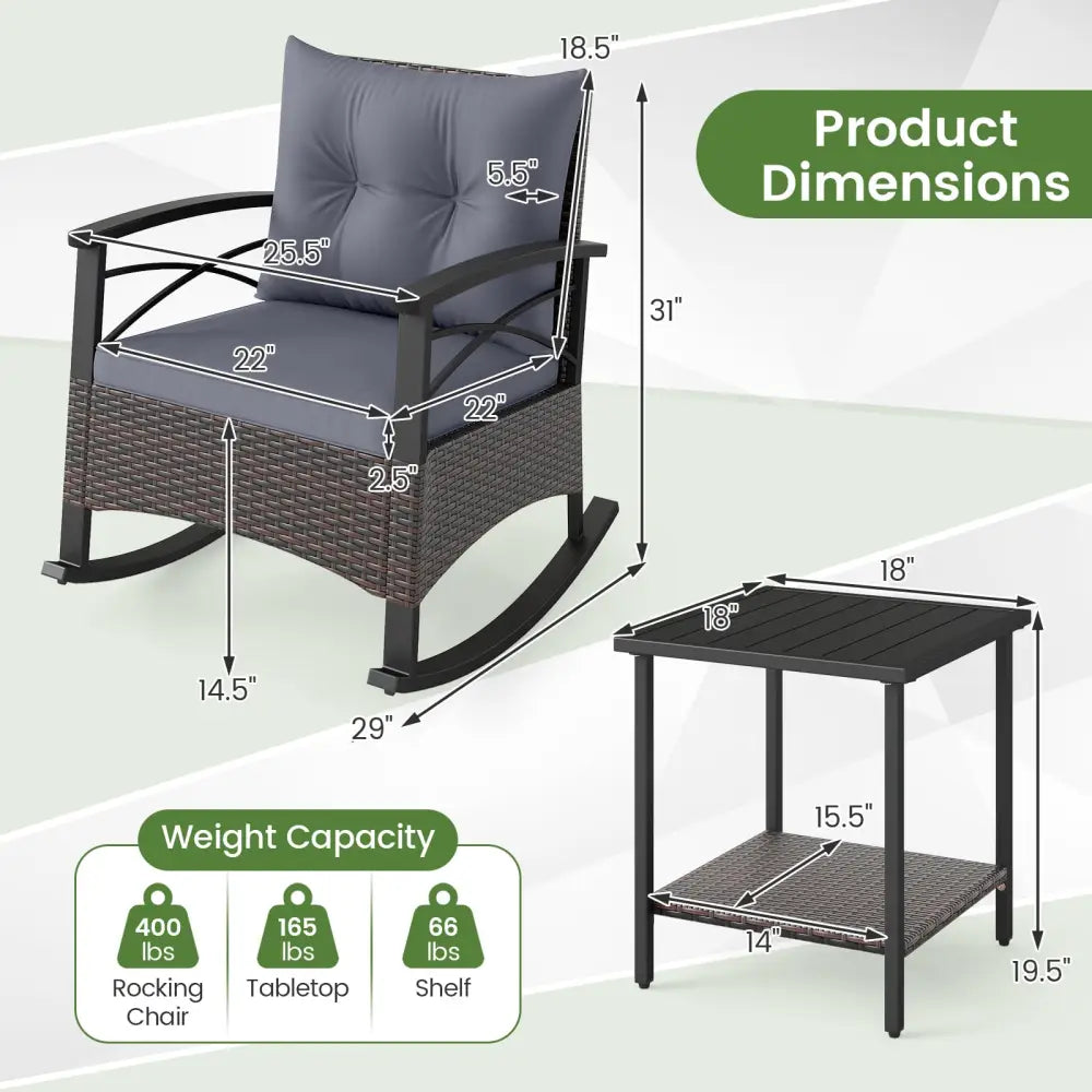 3 Piece Rocking Bistro Set PE Rattan Rocker Chairs with Acacia Wood Top Table-Gray - Gray - Patio Conversation Sets