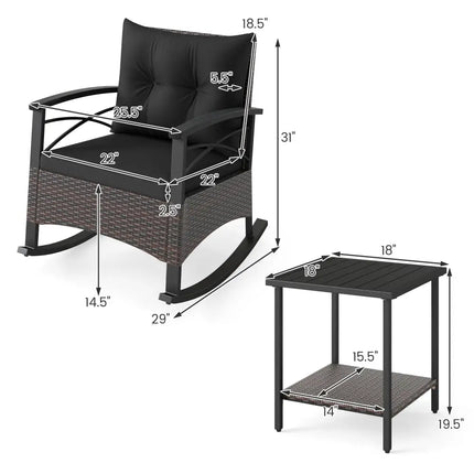3 Piece Rocking Bistro Set PE Rattan Rocker Chairs with Acacia Wood Top Table-Black - Black - Patio Conversation Sets