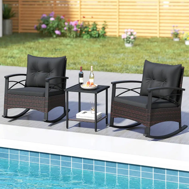 3 Piece Rocking Bistro Set PE Rattan Rocker Chairs with Acacia Wood Top Table-Black - Black - Patio Conversation Sets