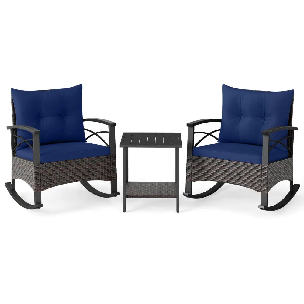 3 Piece Rocking Bistro Set PE Rattan Rocker Chairs with Acacia Wood Top Table-Navy - Navy - Patio Conversation Sets