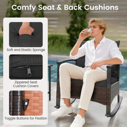 3 Piece Rocking Bistro Set PE Rattan Rocker Chairs with Acacia Wood Top Table-Black - Black - Patio Conversation Sets