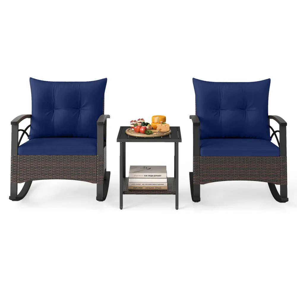 3 Piece Rocking Bistro Set PE Rattan Rocker Chairs with Acacia Wood Top Table-Navy - Navy - Patio Conversation Sets