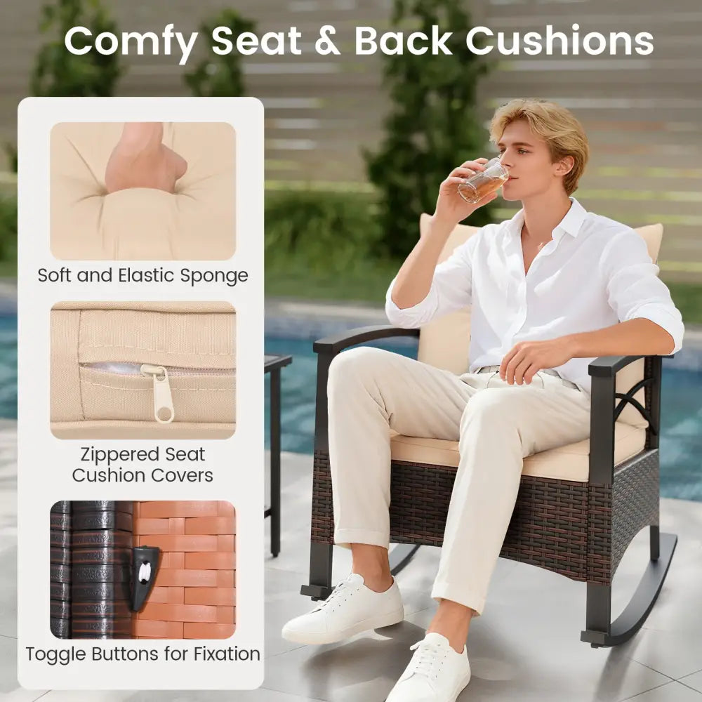 3 Piece Rocking Bistro Set PE Rattan Rocker Chairs with Acacia Wood Top Table-Beige - Beige - Patio Conversation Sets