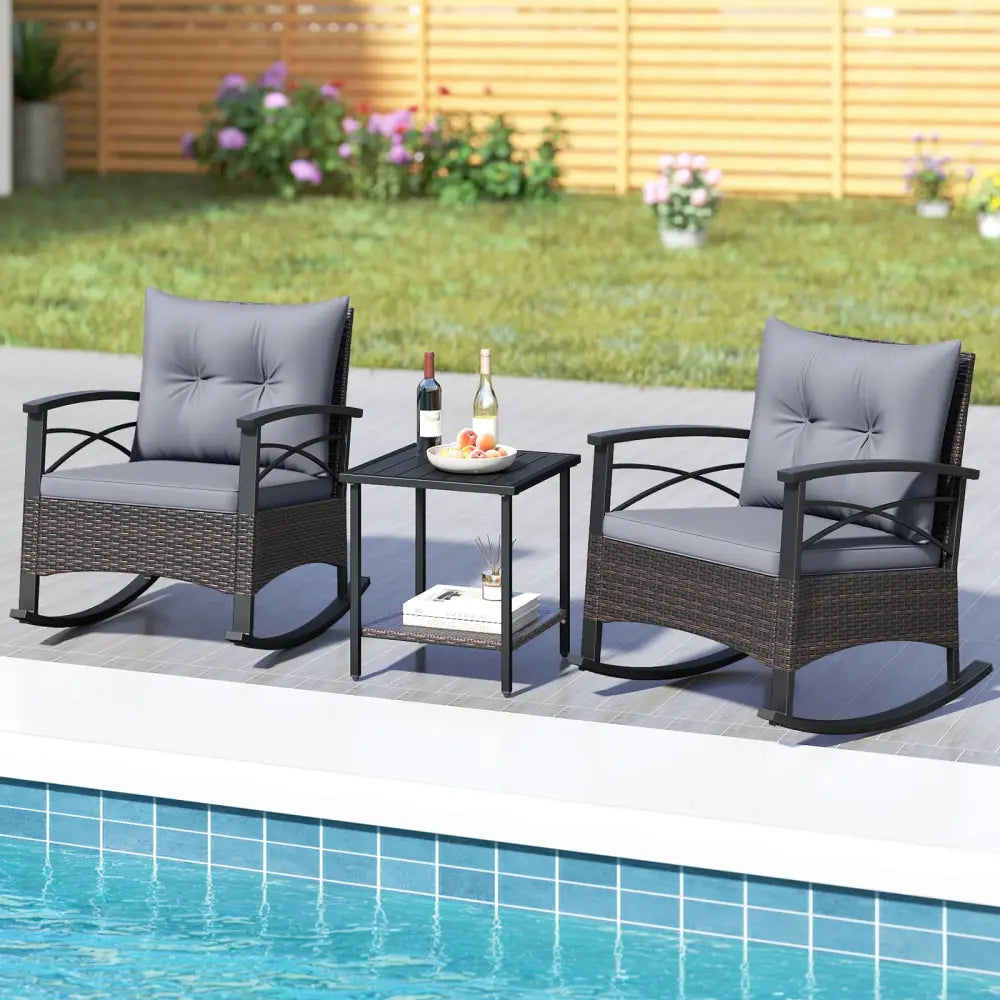 3 Piece Rocking Bistro Set PE Rattan Rocker Chairs with Acacia Wood Top Table-Gray - Gray - Patio Conversation Sets