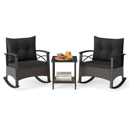3 Piece Rocking Bistro Set PE Rattan Rocker Chairs with Acacia Wood Top Table-Black - Black - Patio Conversation Sets