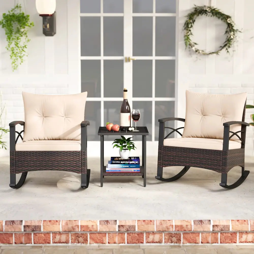 3 Piece Rocking Bistro Set PE Rattan Rocker Chairs with Acacia Wood Top Table-Beige - Beige - Patio Conversation Sets