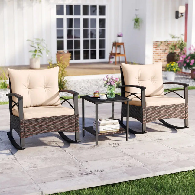 3 Piece Rocking Bistro Set PE Rattan Rocker Chairs with Acacia Wood Top Table-Beige - Beige - Patio Conversation Sets