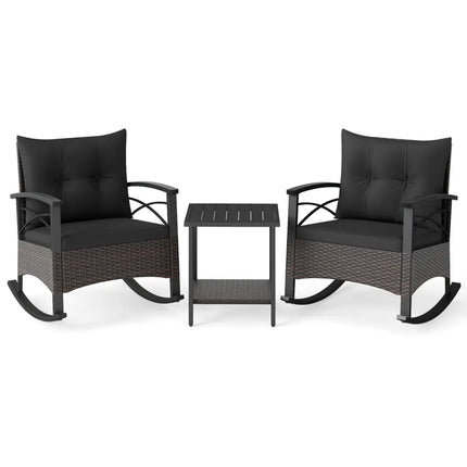 3 Piece Rocking Bistro Set PE Rattan Rocker Chairs with Acacia Wood Top Table-Black - Black - Patio Conversation Sets