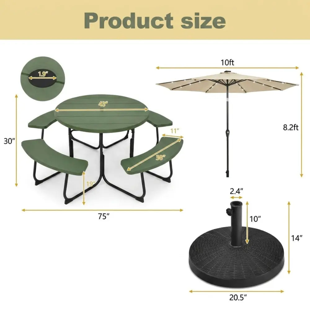 3-Piece Round Picnic Table Set with 10FT Solar LED Tilt Umbrella and Base for Patio Backyard - Picnic Tables