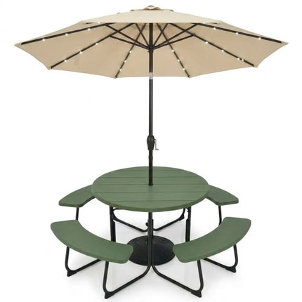 3-Piece Round Picnic Table Set with 10FT Solar LED Tilt Umbrella and Base for Patio Backyard - Picnic Tables