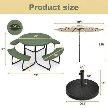 3-Piece Round Picnic Table Set with 10FT Solar LED Tilt Umbrella and Base for Patio Backyard - Picnic Tables