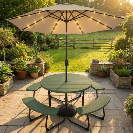 3-Piece Round Picnic Table Set with 10FT Solar LED Tilt Umbrella and Base for Patio Backyard - Picnic Tables