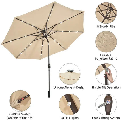 3-Piece Round Picnic Table Set with 10FT Solar LED Tilt Umbrella and Base for Patio Backyard - Picnic Tables