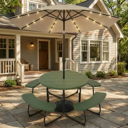3-Piece Round Picnic Table Set with 10FT Solar LED Tilt Umbrella and Base for Patio Backyard - Picnic Tables