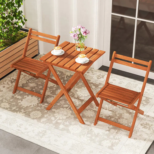 3 Piece Solid Wood Furniture Set with 2 Folding Chairs - Patio Conversation Sets