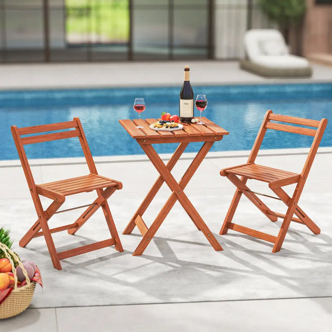 3 Piece Solid Wood Furniture Set with 2 Folding Chairs - Patio Conversation Sets