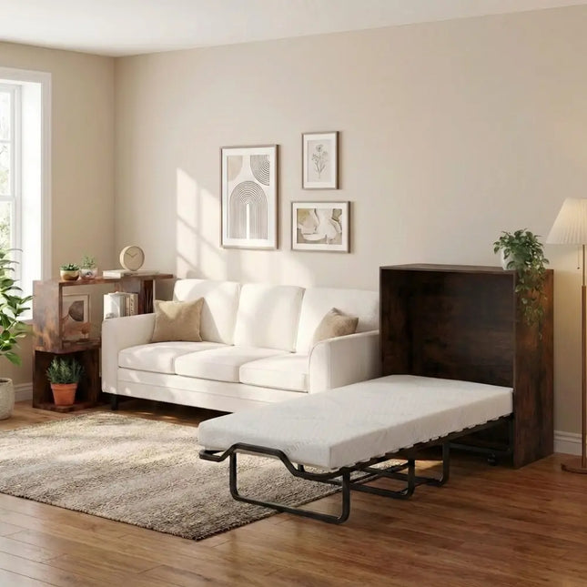 3-Piece Space-Saving Living Room with Teddy Sofa Display Bookshelf & Foldable Murphy Bed - Folding Beds