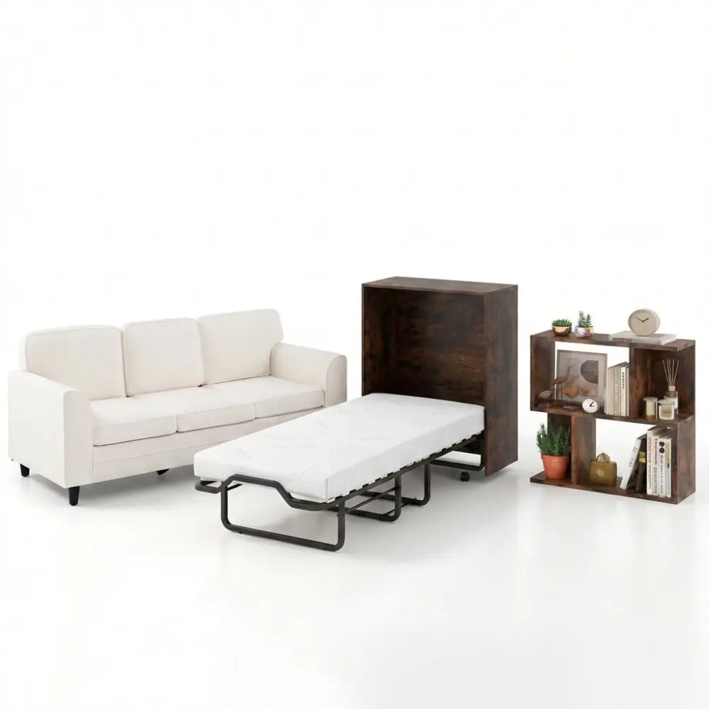3-Piece Space-Saving Living Room with Teddy Sofa Display Bookshelf & Foldable Murphy Bed - Folding Beds