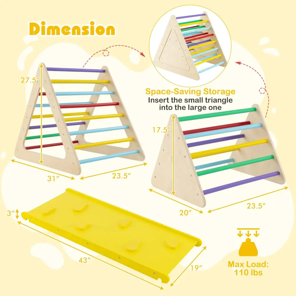 3 Piece Toddler Triangle Set Montessori with 2 Climbing Triangles and 1 Ramp-Colorful - Color - Climbers & Slides