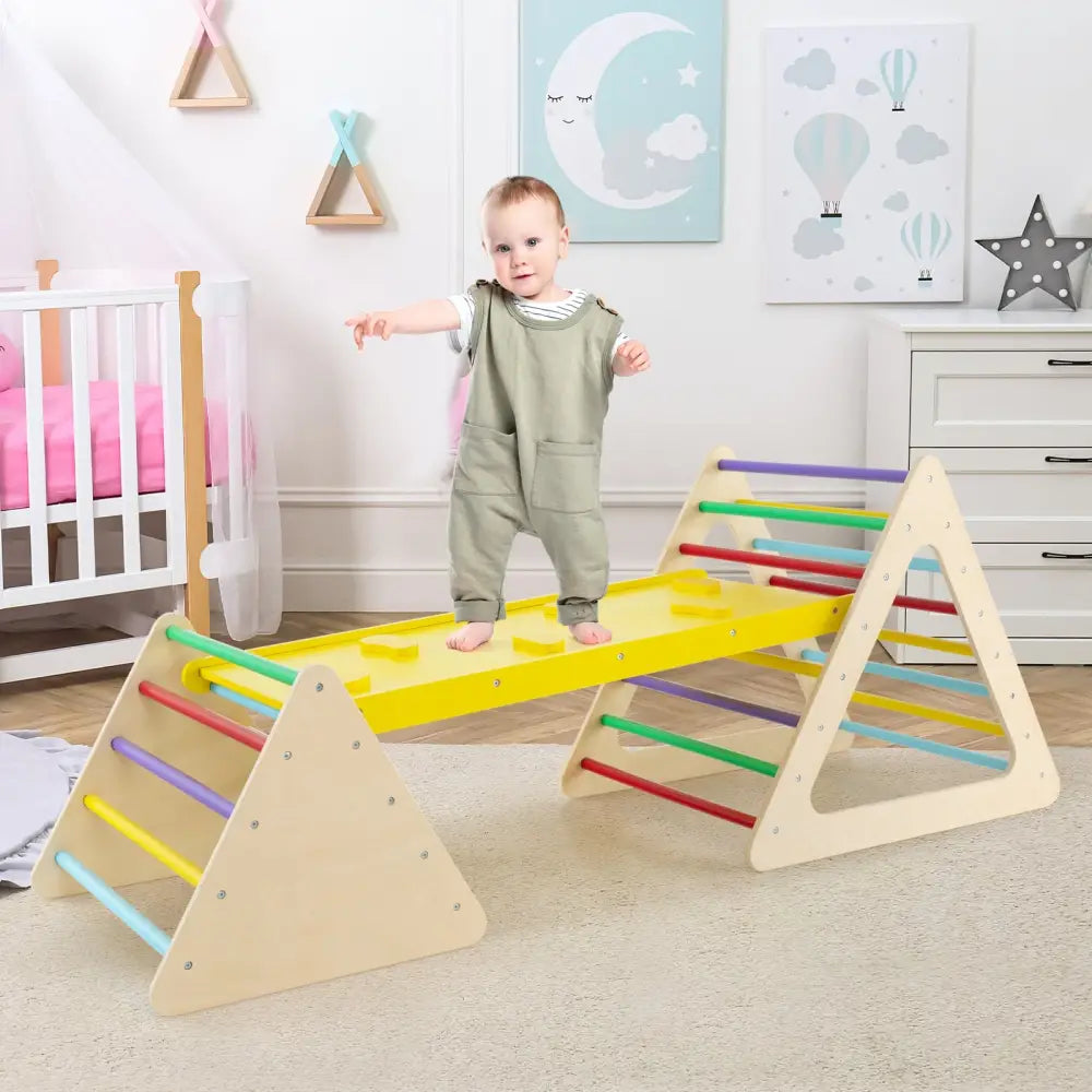 3 Piece Toddler Triangle Set Montessori with 2 Climbing Triangles and 1 Ramp-Colorful - Color - Climbers & Slides