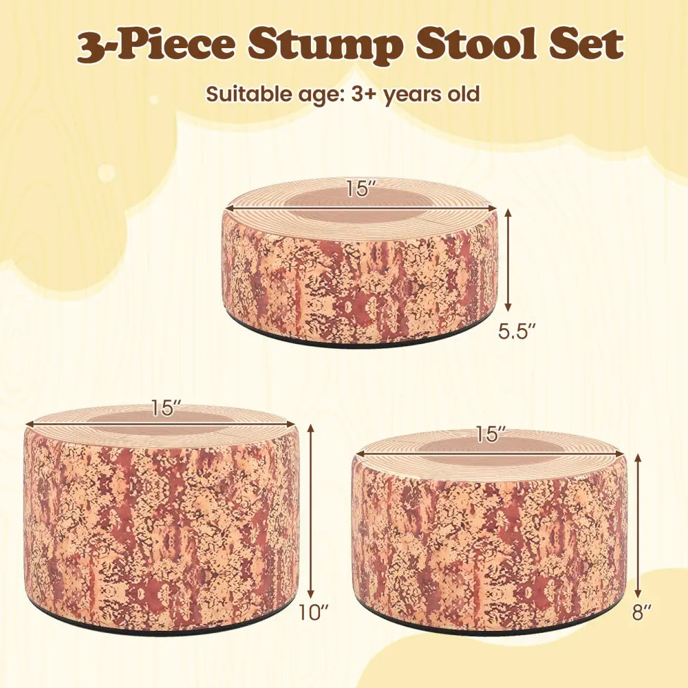 3-Piece Tree Stump Stool Set with Wood Printing Nature Decoration-Dark Walnut - Dark Walnut - Kids Table & Chair Sets