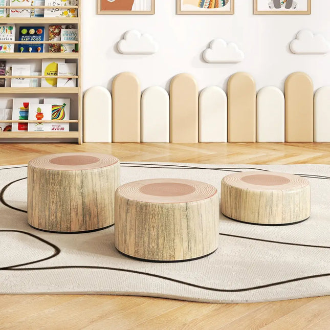 3-Piece Tree Stump Stool Set with Wood Printing Nature Decoration-Natural - Natural - Kids Table & Chair Sets