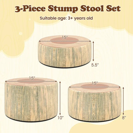 3-Piece Tree Stump Stool Set with Wood Printing Nature Decoration-Natural - Natural - Kids Table & Chair Sets