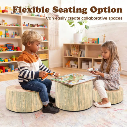 3-Piece Tree Stump Stool Set with Wood Printing Nature Decoration-Natural - Natural - Kids Table & Chair Sets