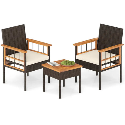 3 Piece Wicker Furniture Set with Acacia Wood Tabletop and Armrest for Balcony-White - White - Patio Conversation Sets
