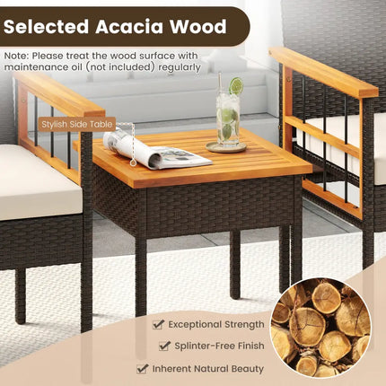 3 Piece Wicker Furniture Set with Acacia Wood Tabletop and Armrest for Balcony-White - White - Patio Conversation Sets