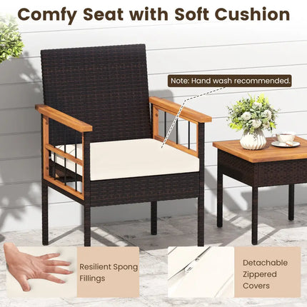 3 Piece Wicker Furniture Set with Acacia Wood Tabletop and Armrest for Balcony-White - White - Patio Conversation Sets