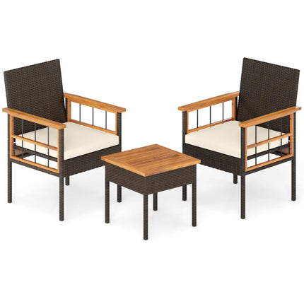 3 Piece Wicker Furniture Set with Acacia Wood Tabletop and Armrest for Balcony-White - White - Patio Conversation Sets